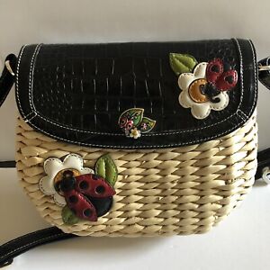 Brighton Ladybug Leather Rattan/straw Cross body Bag Purse Handbag 