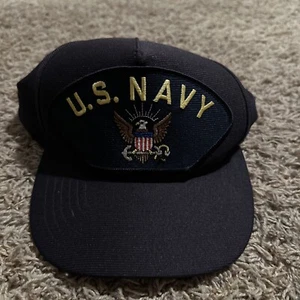 Vintage US Navy Snapback Hat Cap Eagle Crest Made In USA Blue Yellow Patch - Picture 1 of 4