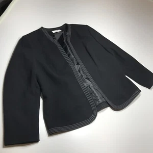 Le Suit Petite Blazer Jacket Size 16P Black w/ White Stitching Open Front Career - Picture 1 of 20