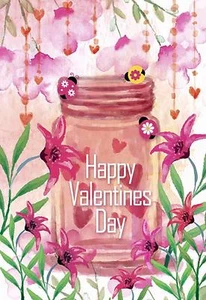 Morigins Happy Valentine's Day Double Sided Pink Glass Jar Flowers Garden Flag - Picture 1 of 5