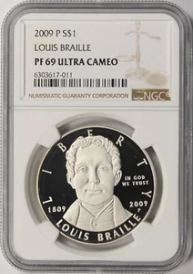 2009-P Louis Braille Commemorative Silver Dollar $1 NGC PF69 Ultra Cameo - Picture 1 of 4