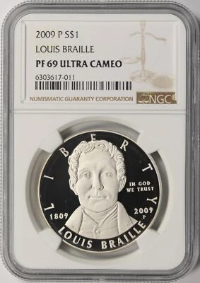 2009-P Louis Braille Commemorative Silver Dollar $1 NGC PF69 Ultra Cameo - Image 1 of 4