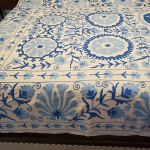 Authentic Vintage Hand Embroidered Large Blue Blossom Suzani Throw - Picture 1 of 24