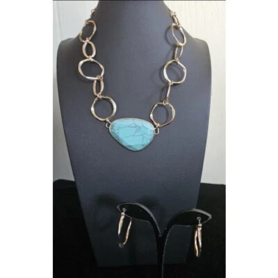 * Винтажный AVON золотистый коренастый цепочка бирюзовый синий камень ожерелье серьги-кольца - Изображение 1 из 4