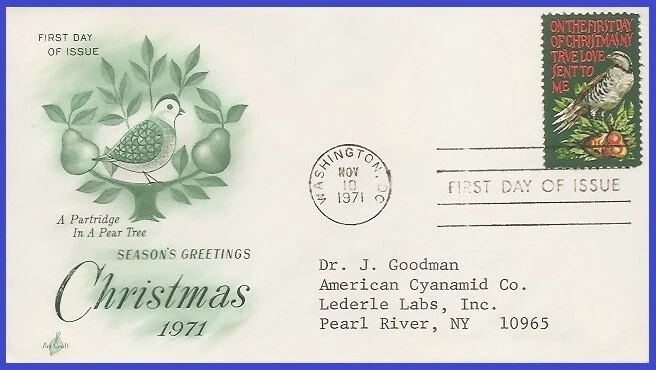 USA4 #1445 ADDR ARTCRAFT FDC   Christmas Partridge & Pear Tree - Image 1 of 1