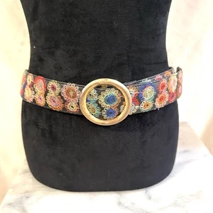 Floral Multicolored Embroidered Belt Leather Back Round Metal Buckle 41" Length - Picture 1 of 8