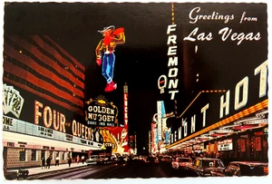 Greetings Las Vegas Nevada Postcard Vintage Chrome Fremont Street Night Casino - Picture 1 of 2