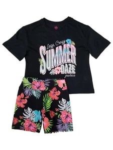 Justice Girls Neon Pink Black Summer Floral Pajamas Shorts & Shirt Sleep Set 12 - Picture 1 of 1