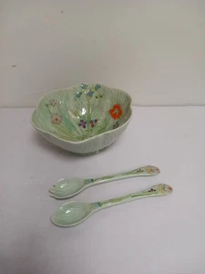 Green Porcelain Flowered Salad Bowl With Serving Spoons - Picture 1 of 8