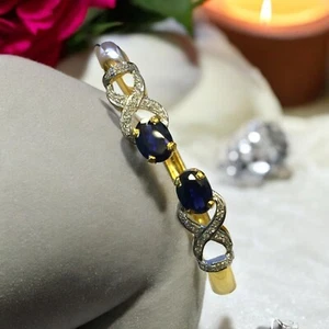 Pave 4.32 Carats Round Brilliant Cut Diamonds Sapphire Cuff Bracelet in 14K Gold - Picture 1 of 7