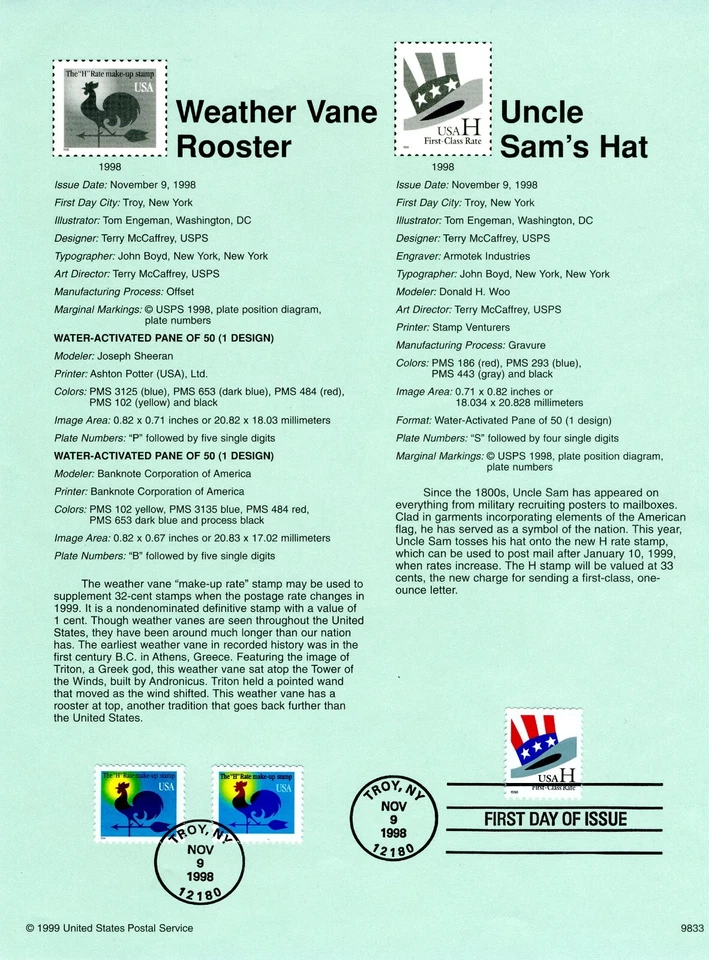1998 USPS Souvenir Page "H" 33¢ STAMP AND 1¢ MAKEUP #9833 w/Watermark Archival - Image 1 of 1