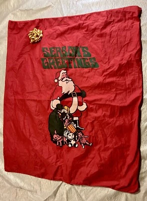 Винтажная рождественская подарочная сумка на шнурке размер XL игрушки Санта-Клауса из красной фланели - Изображение 1 из 4