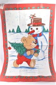 Vintage Christmas Themed Dish Towel - Bear & Snowman - made in Ireland by Ulster - Picture 1 of 6