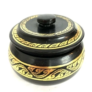 Vintage Wood Lacquer Box Jar Lid Art Deco Black w/ Gold Trim  - Picture 1 of 8