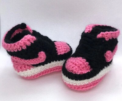 Baby Crochet Shoes Infant Sneakers Jordans Basketball Air Pink Black White - Image 1 of 4