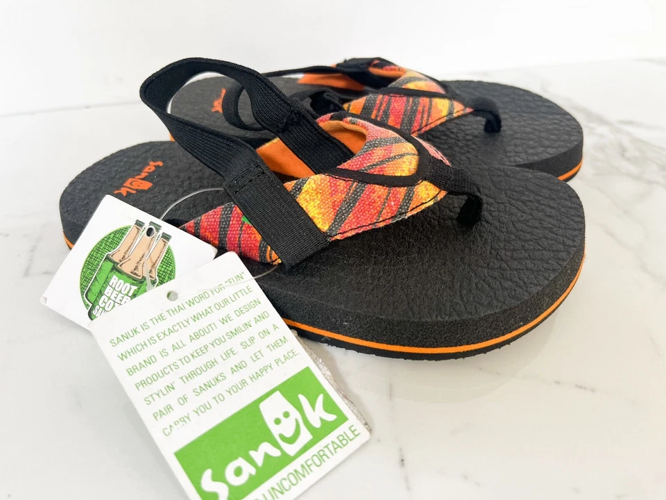 NWT! Sanuk Root Beer Cozy Funk Shoes Sandals Flip Flops Orange Red Boys Sz 9-10 - Image 1 of 4