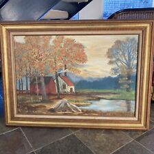 Large Vintage Naive Art Oil on Canvas Smoky Mountains Cabin Scene Framed Signed