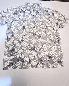 Crazy Shirts Hawaiian SS Polo Mens SZ Medium Lt Gray And White Wood Buttons - Picture 1 of 11