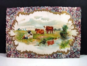 COWS STEERS BULLS by the Water & VIOLETS Vintage Greeting Card Award EMBOSSED - Picture 1 of 7