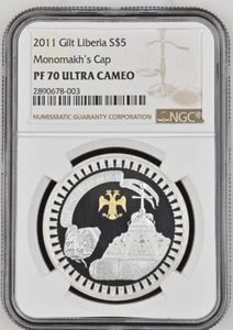 10 DOLLARS 2011 LIBERIA MONOMAKHS CAP SILVER PROOF NGC PF70 - Picture 1 of 4