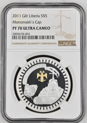 10 DOLLARS 2011 LIBERIA MONOMAKHS CAP SILVER PROOF NGC PF70 - Image 1 of 4
