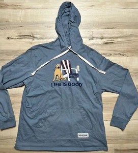 Life Is Good T-Shirt Size M Y2K Hoodie Golden Retriever Dog Patriotic Beer Blue - Picture 1 of 16