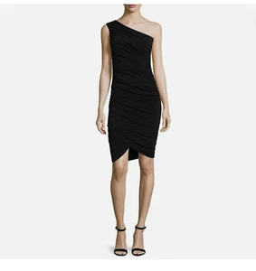 Abito Alice + Olivia Air Deedee tubino monospalla increspato nero taglia 4 NUOVO - Foto 1 di 4