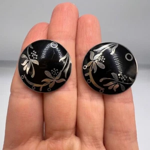 Hermosos aretes redondos de plata con joyería vintage Puset para mujer esmalte negro - Imagen 1 de 7