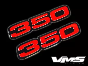 VMS 2 CHEVY 350 CI CUBIC INCH ENGINE BLOCK ALUMINUM EMBLEMS RED BLACK PAIR SBC - Picture 1 of 4