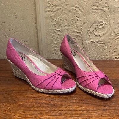 ZAPATOS CUÑA TEJIDA TACÓN ALTO ROSA ALPARGATA TALLA 7M “LIFESTRIDE” MUJER PUNTA ABIERTA Foto 1 de 4