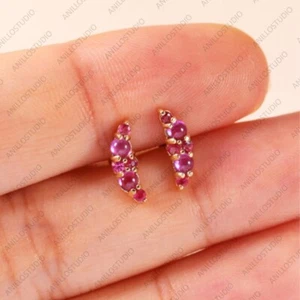 14K Solid Yellow Gold Genuine Rhodolite Garnet &Ruby Curve Climber, Cluster Stud - Picture 1 of 9