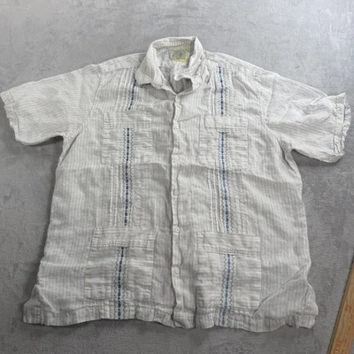 Dos Carolinas 100% Linen Shirt Mens XL White Blue Guayabera Short Sleeve Pleated - Image 1 of 4
