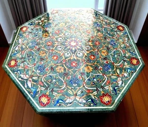 Mesa de centro de mármol verde 42" con incrustaciones florales de piedra múltiple decoración de muebles de arte - Imagen 1 de 9