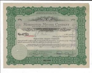 NEVADA 1922 Morington Mining Company Stock Certificate California? - Picture 1 of 2