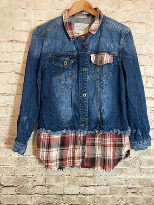 Chaqueta Jean American Rag Cie Para Mujer Mediana Franela Borde Boho Denim Azul Hippie Foto 1 de 4