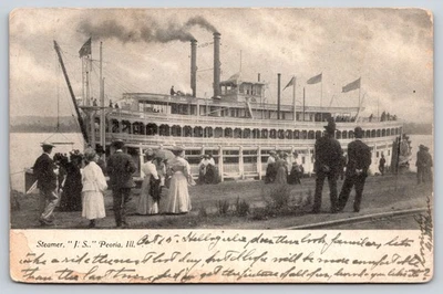 Peoria Illinois~River Steamboat JS Along Shoreline~People~Flags~c1905 Postcard - Image 1 of 2