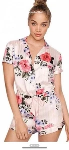 Victoria's Secret Satin Pink Floral Stripe Romper Pajamas One Piece PJs Size XS - Picture 1 of 11