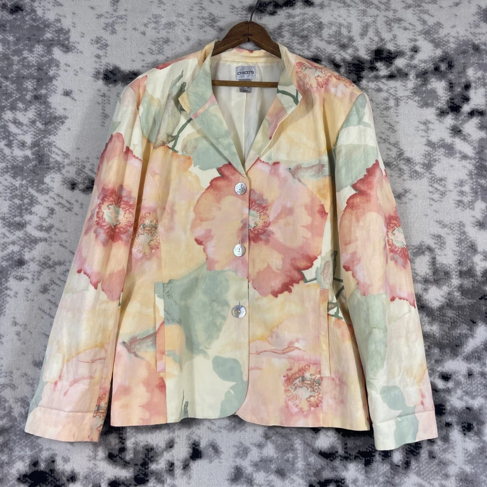 Chicos Jacket Shacket Womens Size 2 Floral Linen Button Up Vintage Pockets - Image 1 of 4