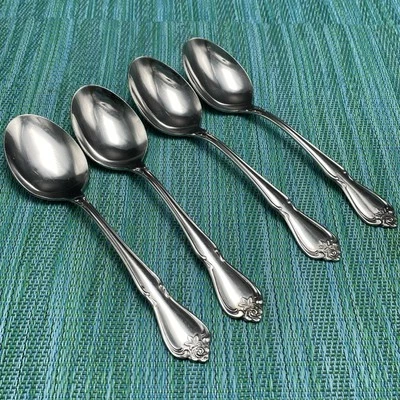 4 1881 Rogers Oneida ARBOR ROSE TRUE ROSE Stainless SOUP SPOONS Vintage - Image 1 of 4