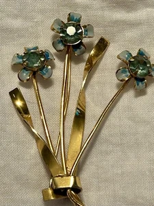 1940’s Vermeil 925 Coro Craft Blue Enamel Rhinestone Large 3” Flower Brooch USA - Picture 1 of 11