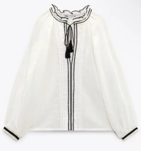 Damen Top Bestickte Bluse Weiß Baumwolle Größe M Zara Rüschen Rundkragen Neu - Bild 1 von 8