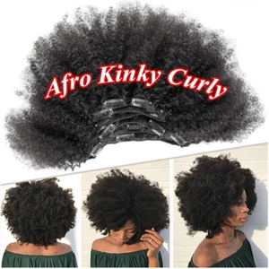 USA THICK Afro Kinky Curly Clip In Remy Human Hair Extensions Straight Full Head - Picture 1 of 22