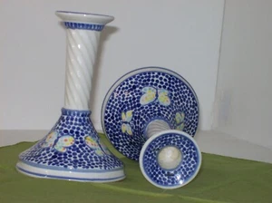 HELLMUTH AND DUNN PORCELAIN CANDLE STICKS WHITE W/ BLUE STIPPLING & BUTTERFLIES - Picture 1 of 3