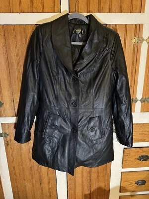 VTG FR MODA PIELE Black Long Leather Jacket Women’s Sz S/M Insulated, Soft, Warm - Image 1 of 4