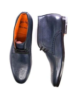 $950 Santoni Pebbled Navy Leather FATTE A MANO Ankle Boot 9.5 US (8.5UK) - Picture 1 of 12