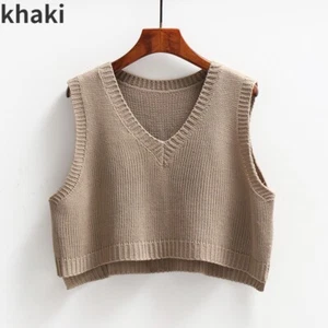 Ladies Cropped Sleeveless Sweater Knit Vest Top Gilet Soft Solid Vintage Style - Picture 1 of 14