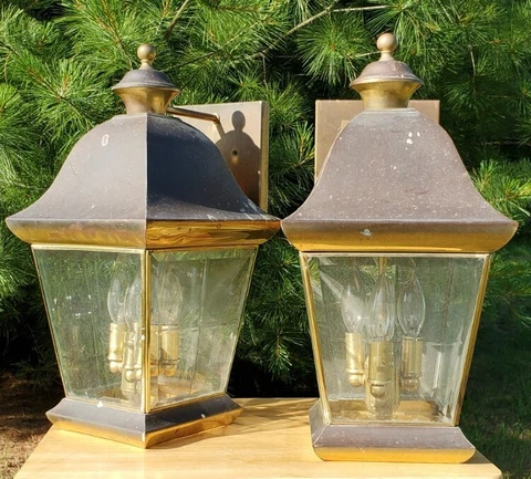 Vintage Large Brass Light Fixtures Set Beveled Glass 3 Socket Electric Cover