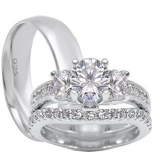 His and Her Sterling Silver CZ Wedding Engagement Ring Set - Picture 1 of 11