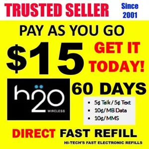 $15 H2O H20 ⭐ PREPAID REFILL DIRECT to PHONE ⭐ GET TODAY! ⭐ 60 DAY 300MIN/300TXT - Picture 1 of 2