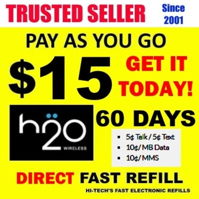 $15 H2O H20 ⭐ PREPAID REFILL DIRECT to PHONE ⭐ GET TODAY! ⭐ 60 DAY 300MIN/300TXT - Image 1 of 2
